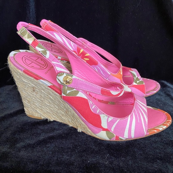 Lilly Pulitzer Espadrille Sling Back Wedge Logo Pink Floral Peep Toe sz 9M - Picture 3 of 13